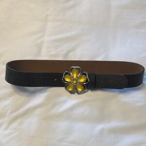 Vintage Black Mottled Leather Belt with Yellow Flower Buckle